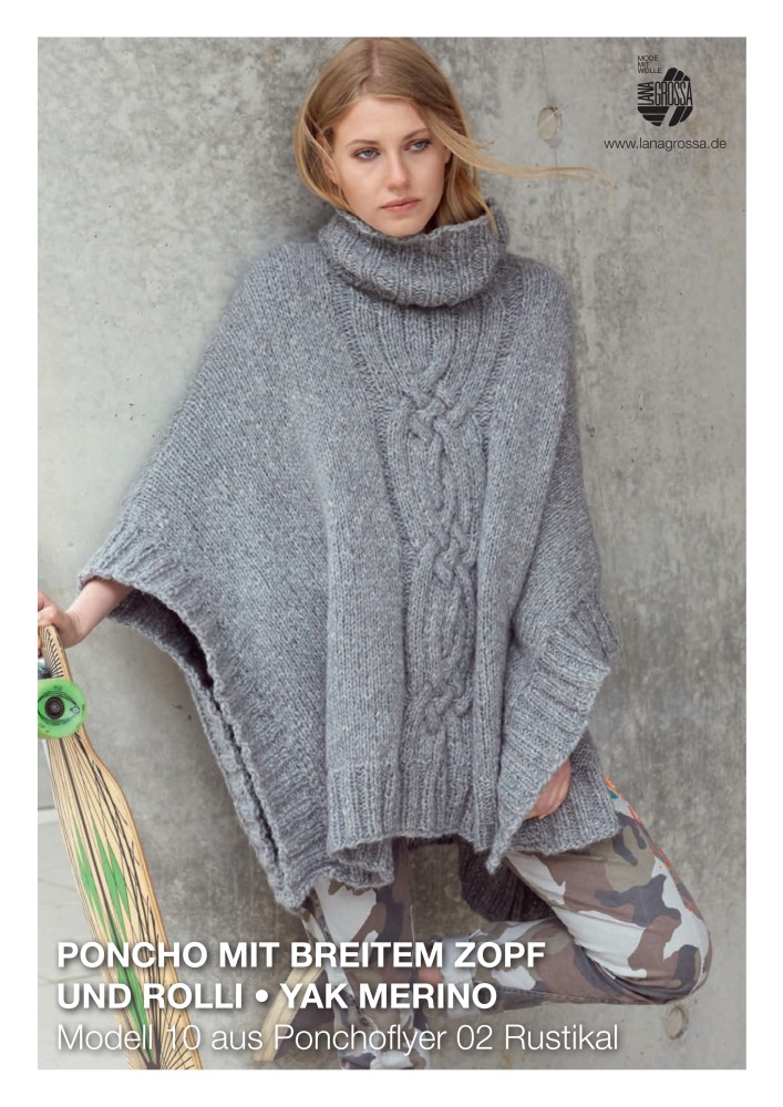 Poncho mit breitem Zopf und Rolli aus Yak Merino