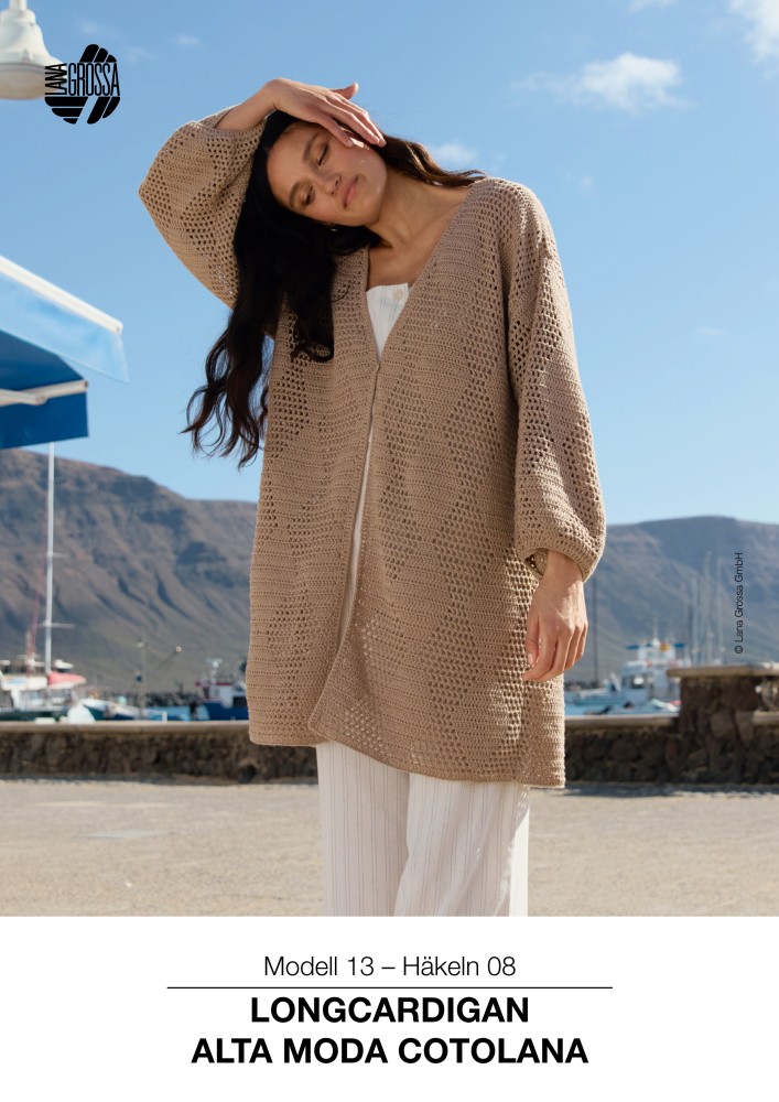 Longcardigan im Filetmuster mit Stäbchen-Rauten aus Alta Moda Cotolana