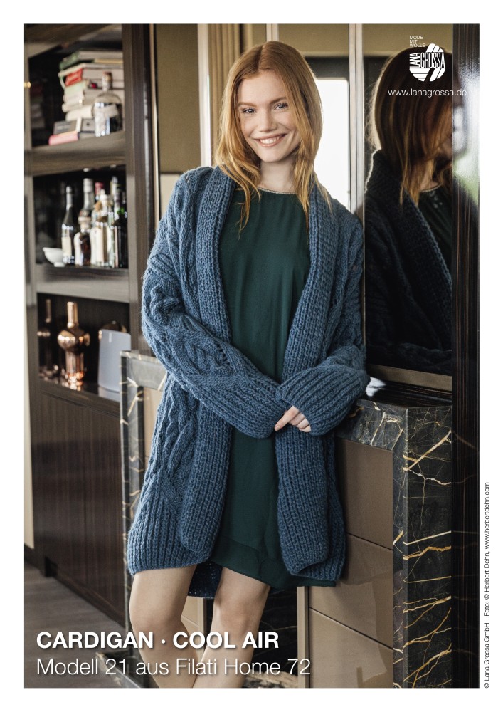 Cardigan Cool Air mit Zopf-Rautenlochmuster und Schalkragen