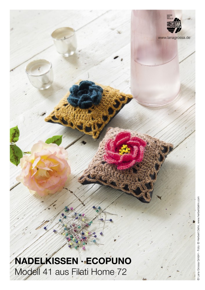Nadelkissen mit Häkelblüten aus Ecopuno