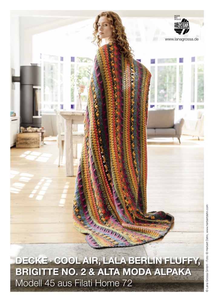 Decke im Muster- und Materialmix aus Cool Air, Lala Berlin Fluffy, Brigitte No. 2 & Alta Moda Alpaka