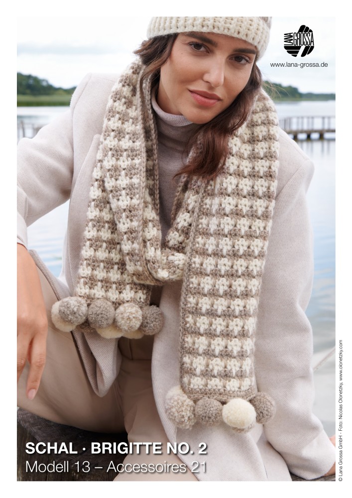 Schal Brigitte No. 2 mit Hahnentrittmuster und Pompons