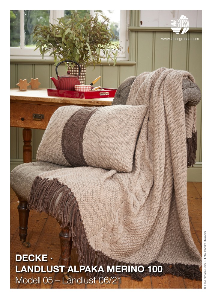 Decke Landlust Alpaka Merino 100 mit Zopfmuster und Fransen