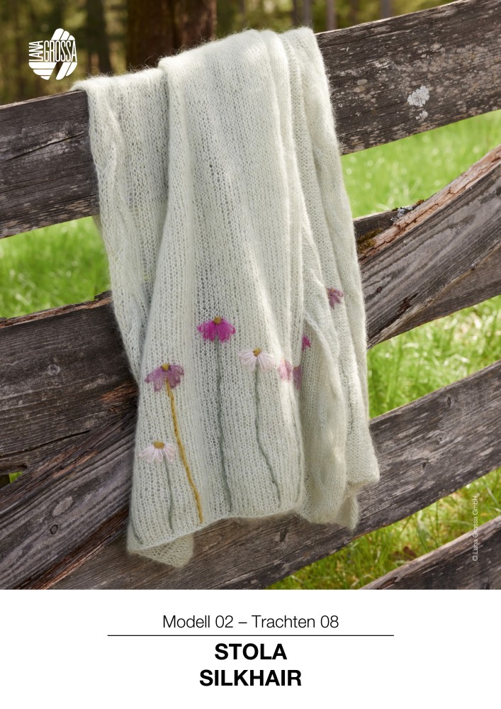 Stola aus Silkhair mit Zopfmuster und Blumenstickerei